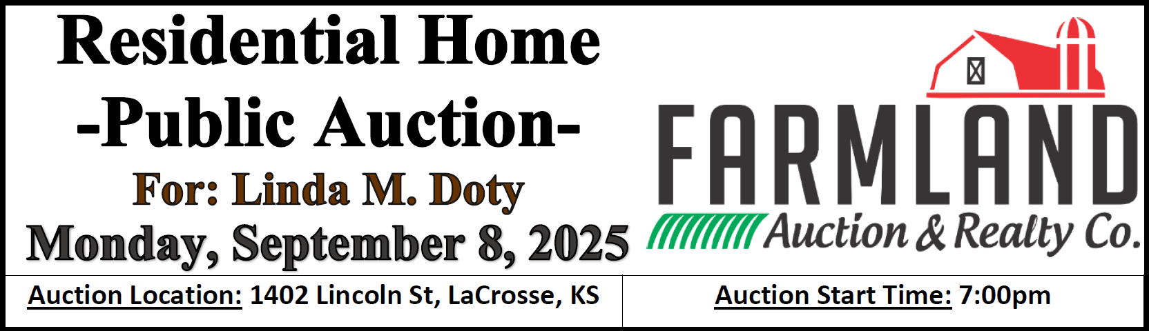 A sign that says auction for the francis mary ann and duane legleiter estates