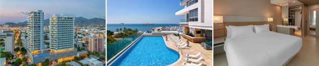 Una imagen borrosa del horizonte de una ciudad, una piscina y un dormitorio.