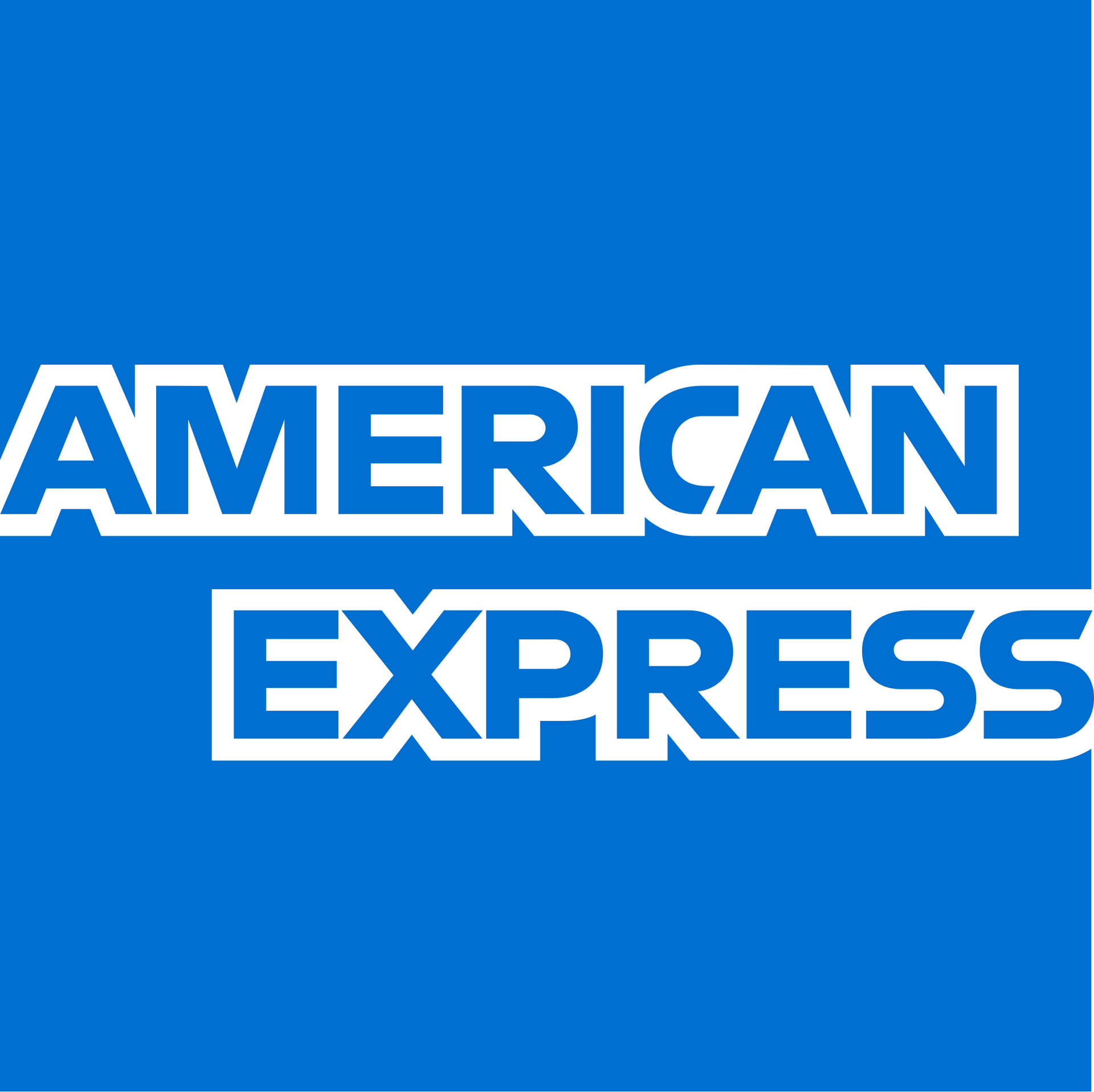 El logo de American Express es azul y blanco sobre un fondo azul.