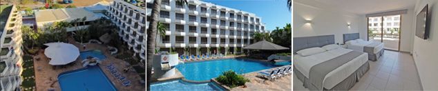 Un collage de tres fotografías de un parque acuático, una playa y una habitación de hotel.