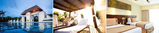 Un collage de tres fotografías de una playa, una piscina y una habitación de hotel.