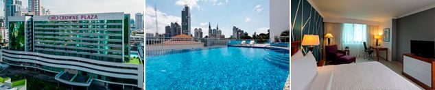 Un collage de tres fotografías de una piscina, un edificio y una habitación de hotel.