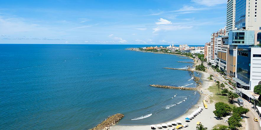 Una vista aérea de una playa con una ciudad al fondo.