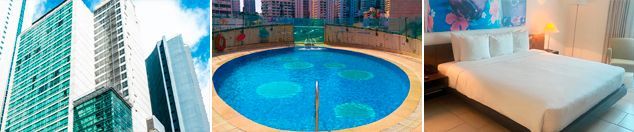 Un collage de tres fotografías de una piscina, un edificio y una habitación de hotel.