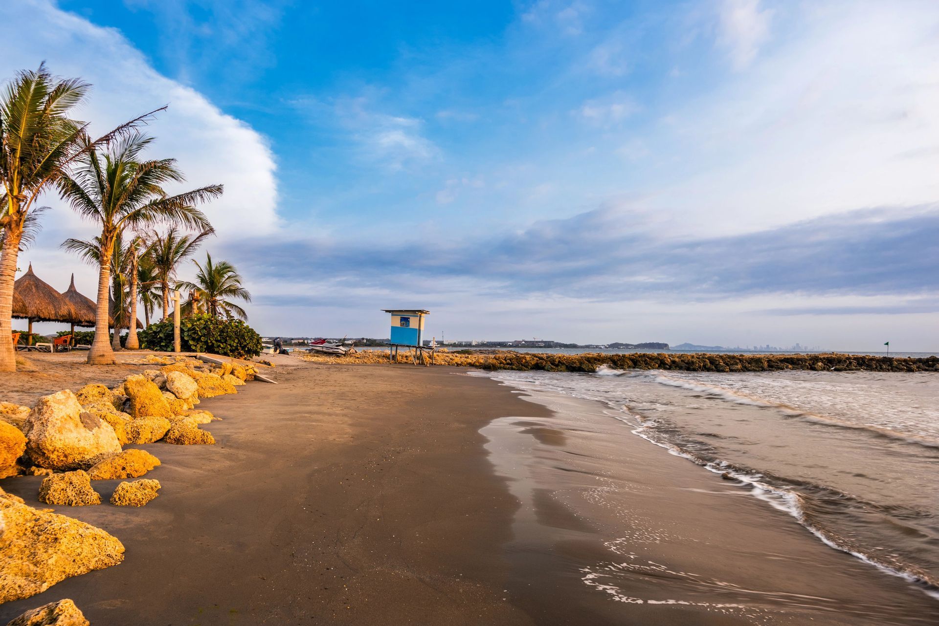 Una playa con una torre de salvavidas y palmeras en un día nublado.