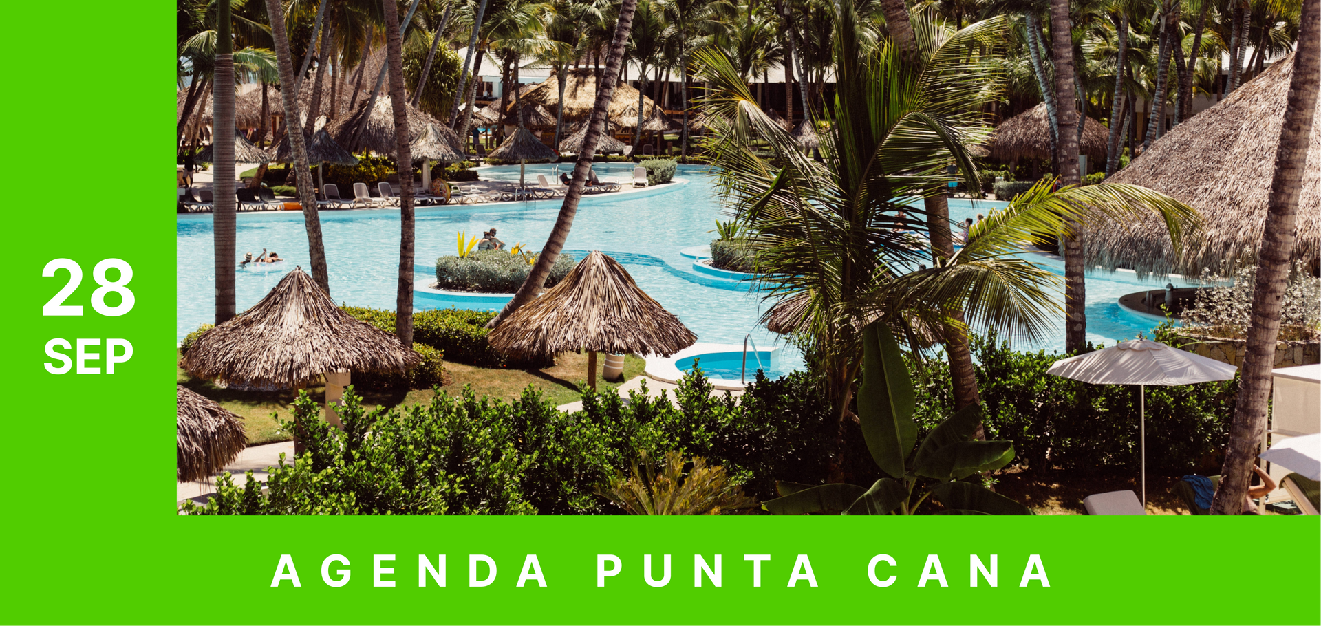 Un cartel de agenda punta cana muestra una piscina rodeada de palmeras.