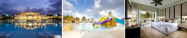 Un collage de tres fotografías de una habitación de hotel, una piscina y una casa.