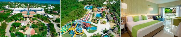 Un collage de tres fotografías de un hotel que incluye una piscina y un dormitorio.