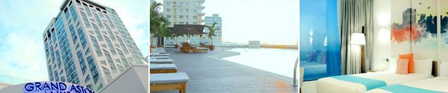 Un collage de tres fotografías muestra un edificio, una playa y una habitación de hotel.