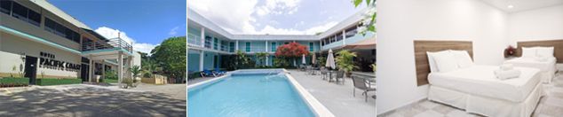 Un collage de tres fotografías de un hotel que incluye una piscina y un dormitorio.