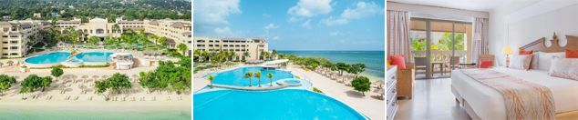 Un collage de tres fotografías de un hotel que incluye una piscina y un dormitorio.