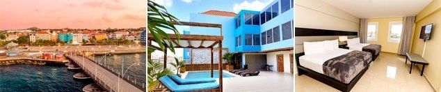 Un collage de tres fotografías de un hotel que incluye una piscina y un dormitorio.