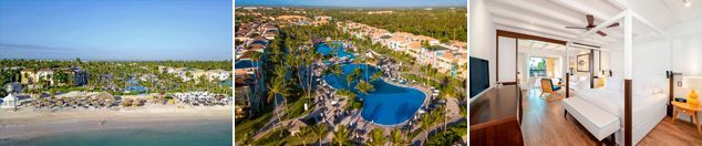 Un collage de tres fotografías de un hotel que incluye una piscina y un dormitorio.