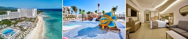 Un collage de tres fotografías de un hotel que incluye una piscina y un dormitorio.