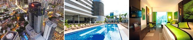 Un collage de tres fotografías de una piscina, un edificio y una habitación de hotel.