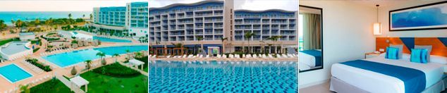 Un collage de tres fotografías muestra un edificio, una playa y una habitación de hotel.