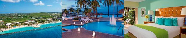 Un collage de tres fotografías de un hotel que incluye una piscina y un dormitorio.