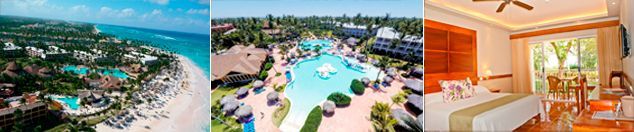 Un collage de tres fotografías de un hotel que incluye una piscina y un dormitorio.