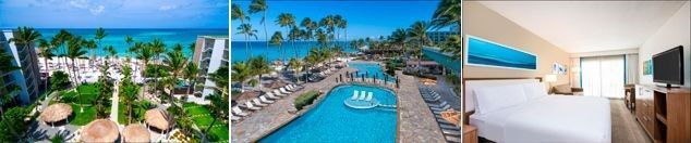 Un collage de tres fotografías de un hotel con piscina y un dormitorio.