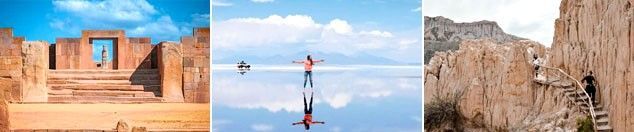 Un collage de tres fotografías de un hotel que incluye una piscina y un dormitorio.