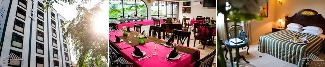 Un collage de tres fotografías de una habitación de hotel, una piscina y una casa.