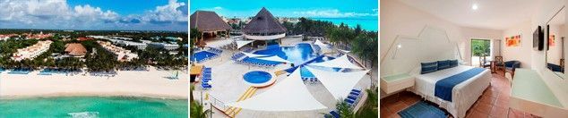 Un collage de tres fotografías de un hotel que incluye una piscina y un dormitorio.