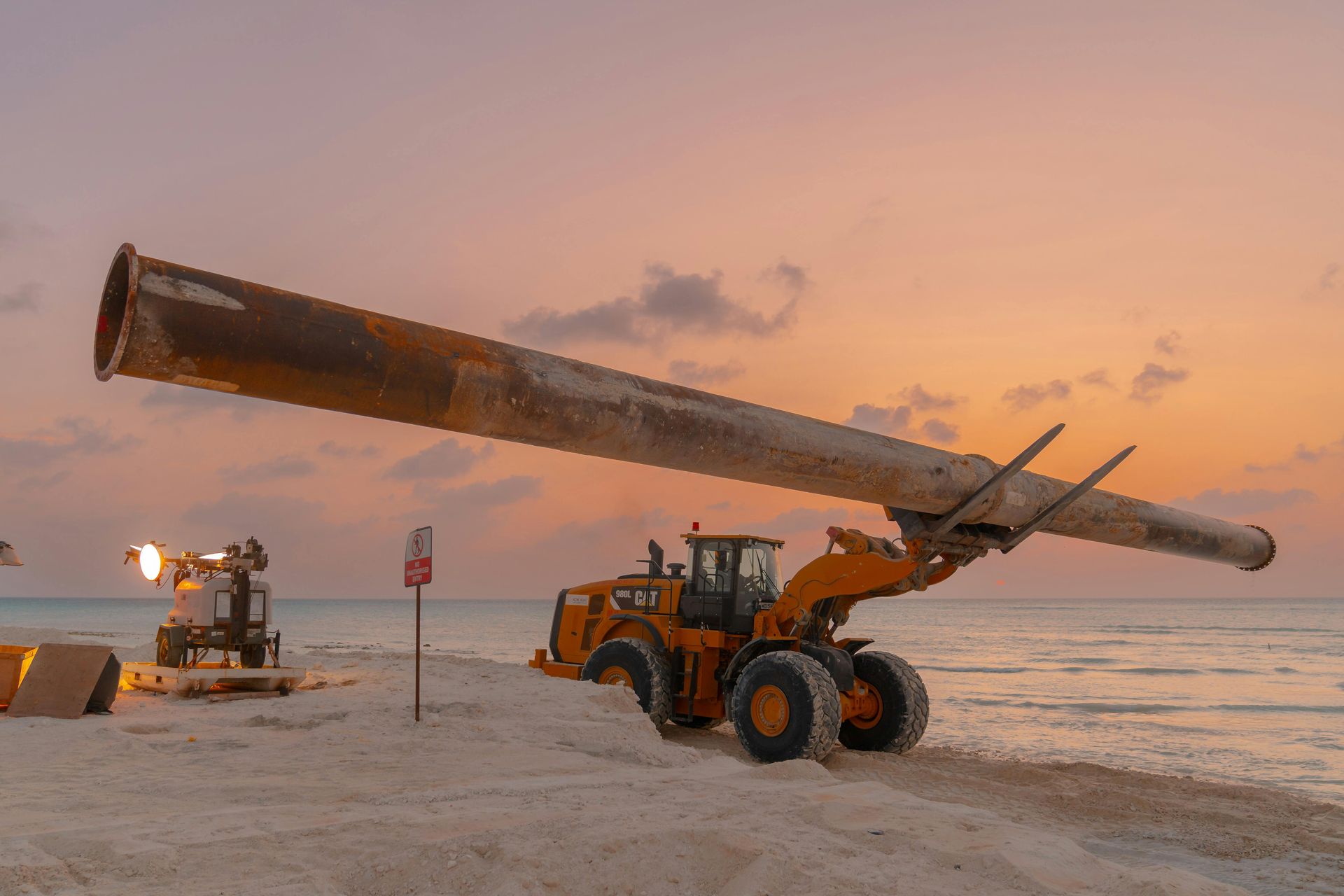 A large yellow loader lifts a rusted metal pipe on a beach at sunset.