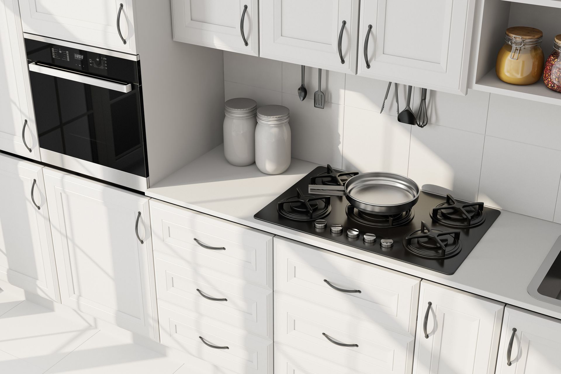 Scandinavian style kitchen with white cabinets, white kitchen benchtops and vintage kitchenware.