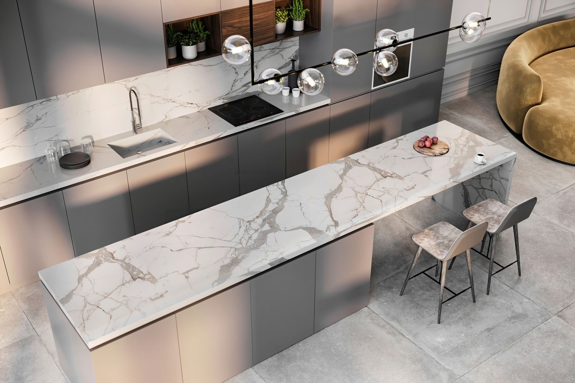 High-angle view of a modern kitchen with a marble kitchen benchtop.