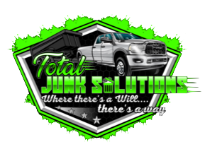 Logo: Silver truck pulling a dumpster trailer, "Total Junk Solutions" in green, "Where there's a Will... there's a way" on a star-framed badge.