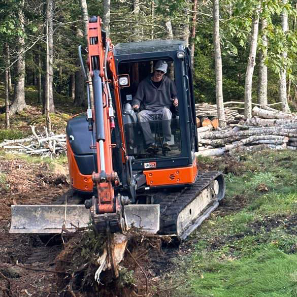 A person operating an orange compact excavator to pull a tree stump from the ground in a forested area.