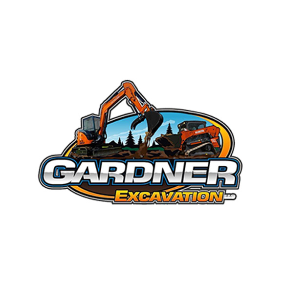 Logo for Gardner Excavation showing an orange excavator and skid steer at work against a backdrop of trees and sky.
