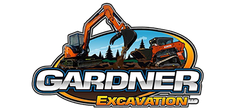 Logo for Gardner Excavation showing an orange excavator and a skid steer working on a brown dirt mound against blue sky.