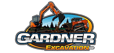 Logo for Gardner Excavation showing an orange excavator and a skid steer working on a brown dirt mound against blue sky.