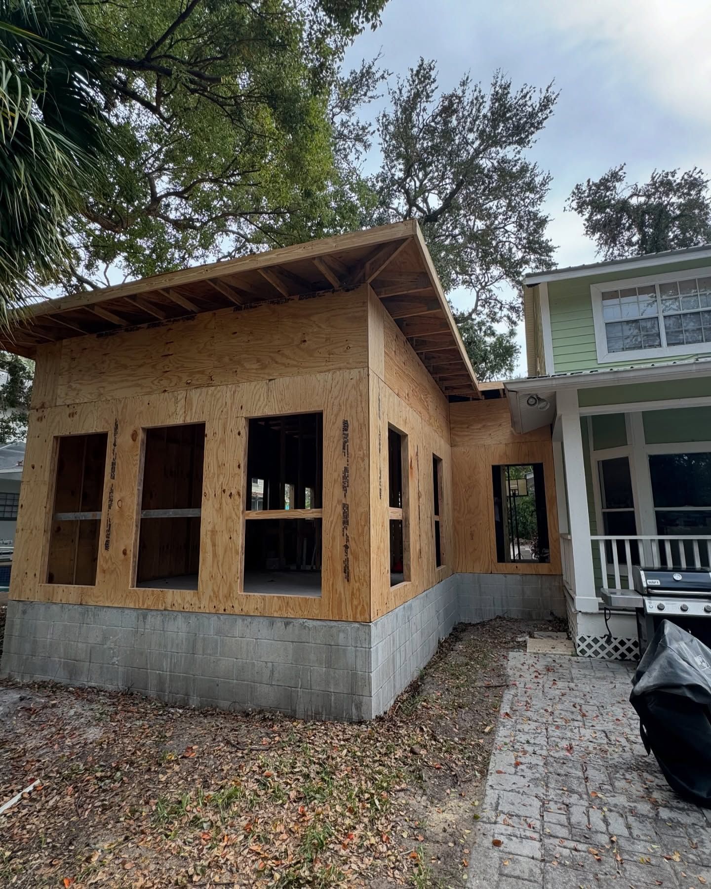 New construction: wooden framed building with unfinished exterior and windows, next to a green house.