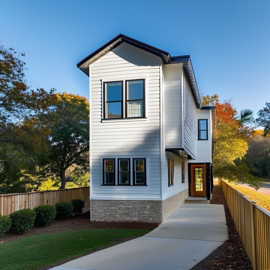 Modern two-story house with white siding and a black roof, flanked by a wooden fence and trees.