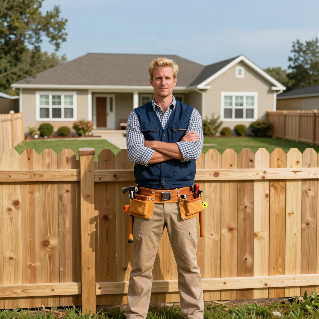 Man standing with arms crossed in front of a wooden fence and house under a clear sky