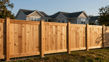 New wooden privacy fence in front of suburban houses at sunset