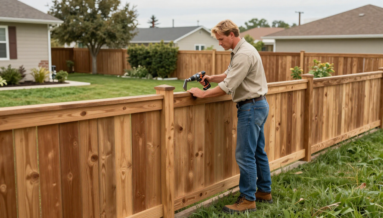 Man installing a wooden backyard fence beside a grassy lawn in a suburban yard