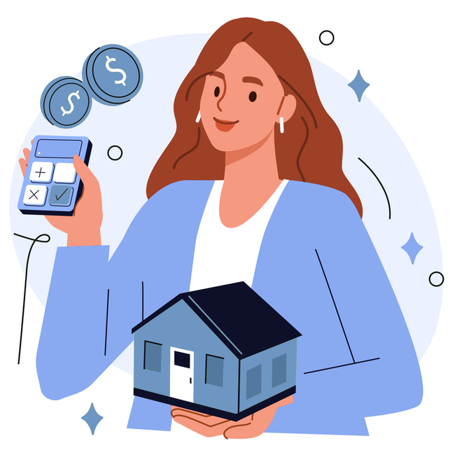 Donna che tiene in mano una casa e una calcolatrice, con monete che fluttuano sopra; concetto immobiliare.