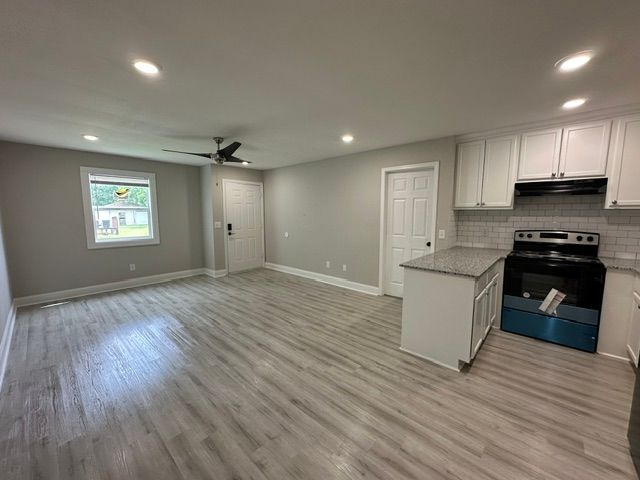 There is a ceiling fan in the living room and a kitchen.