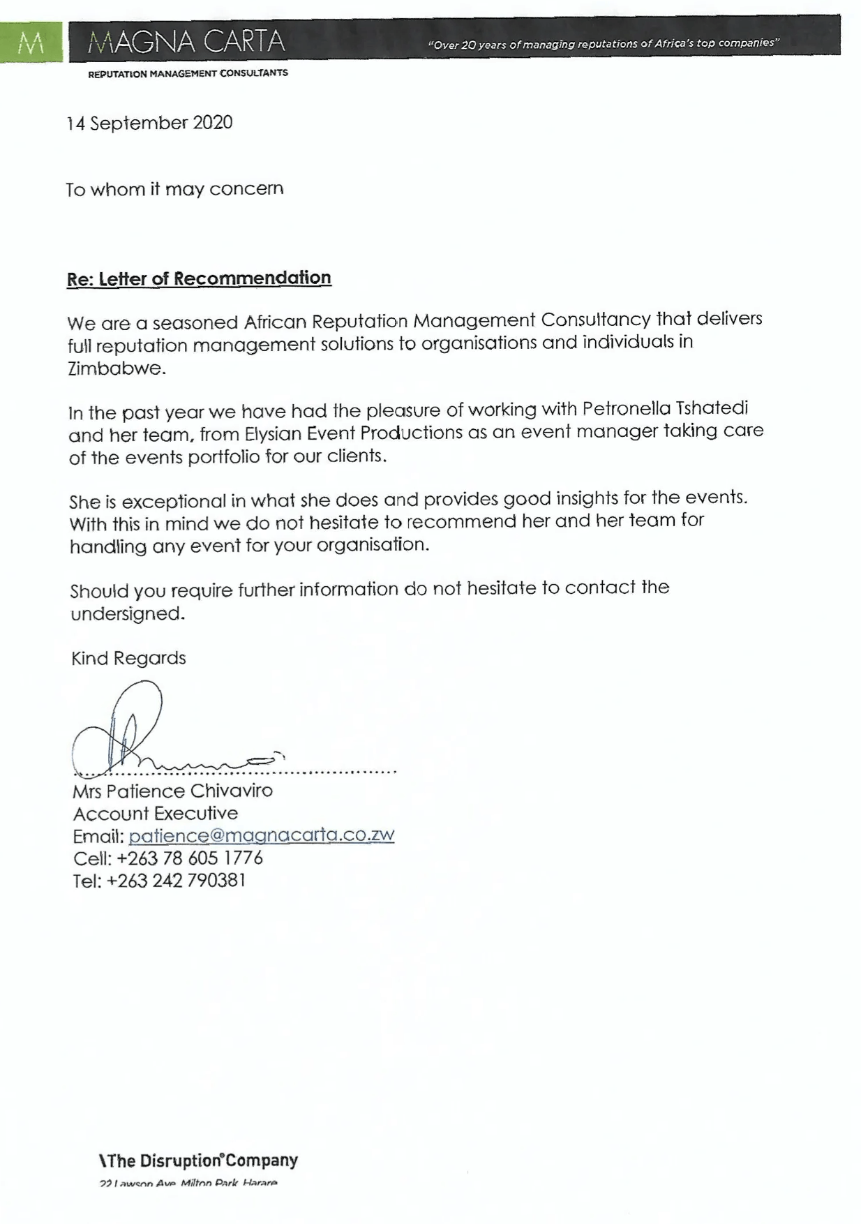 Magna Carta Reference Letter for Elysian Event Productions