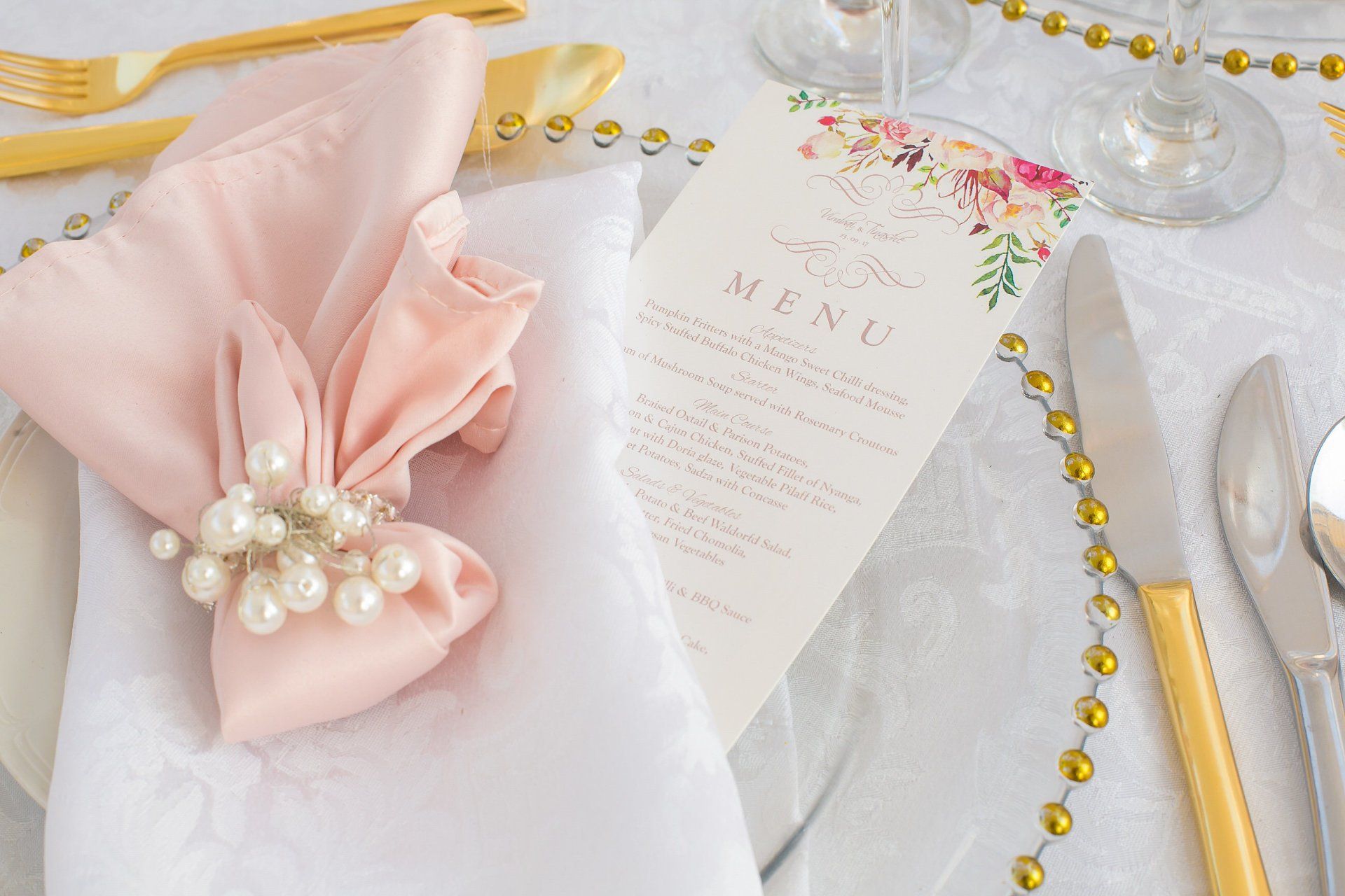 Elegant Dinner Setting and Menu at Zimbabwe Wedding by Elysian Event Productions