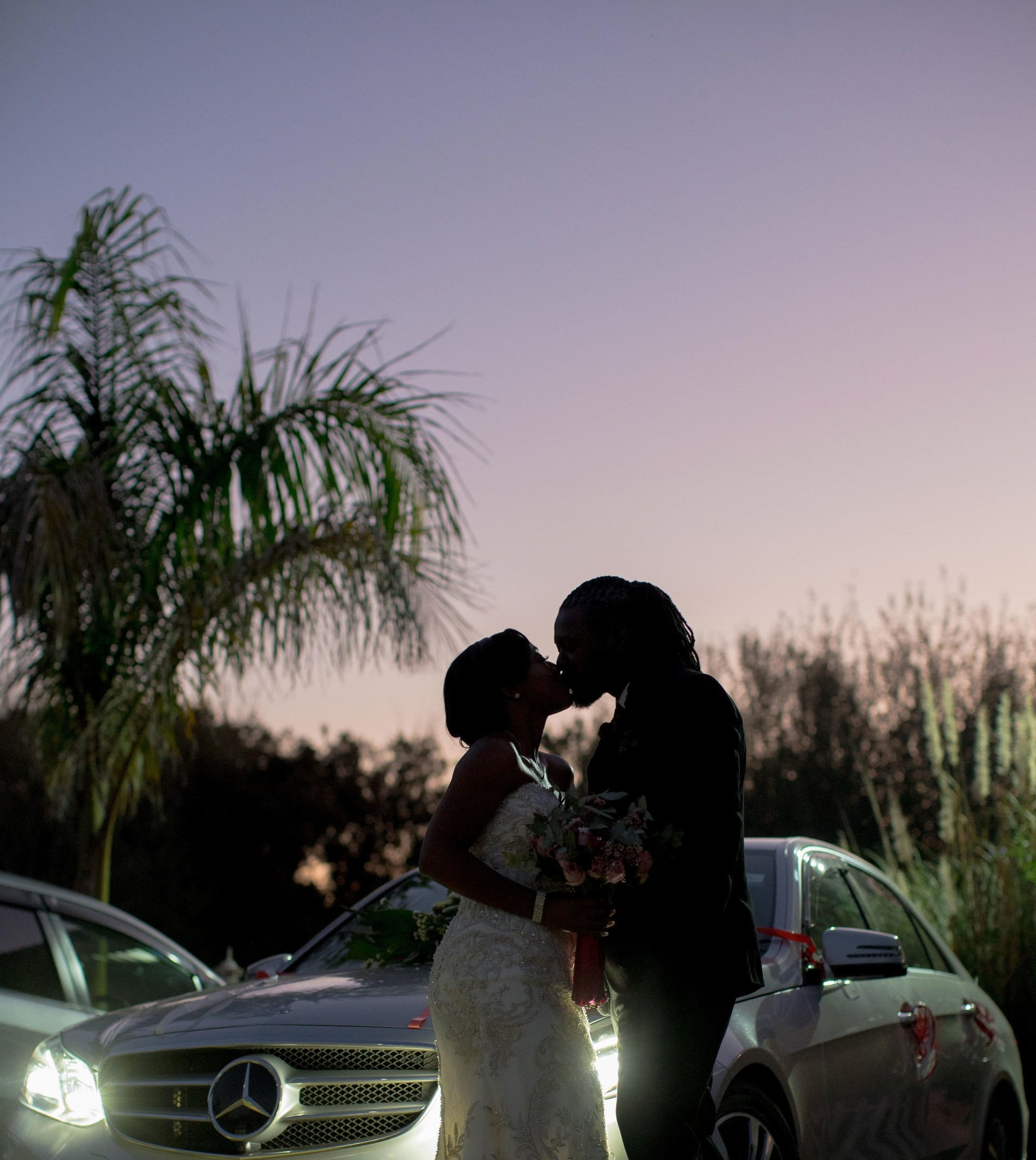 Bride and Groom Sunset Photo with Mercedes Car in Harare Zimbabwe