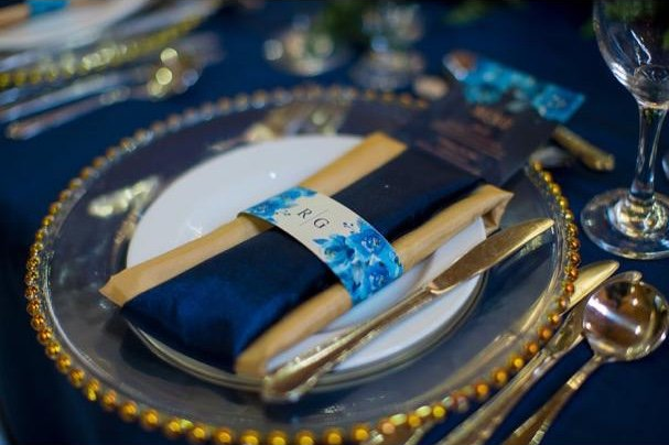 Gold and Royal Blue Dinner Place Setting at Wedding in South Africa by Elysian Event Productions
