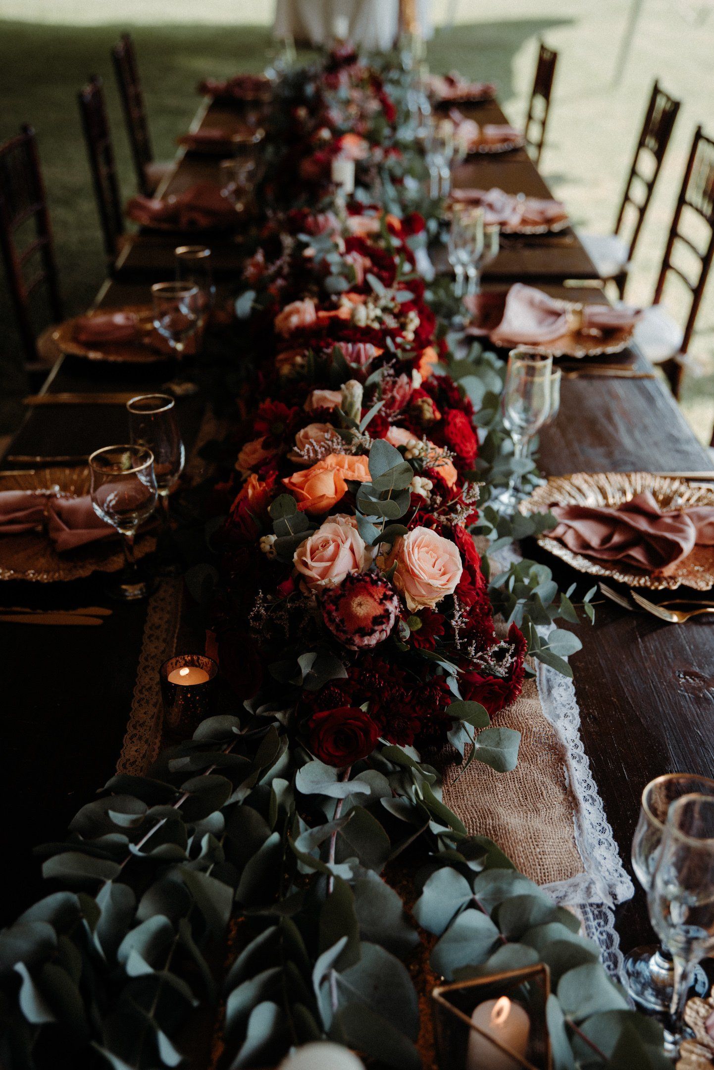 Flowers and Rustic Table Setting Decor at Wedding in South Africa