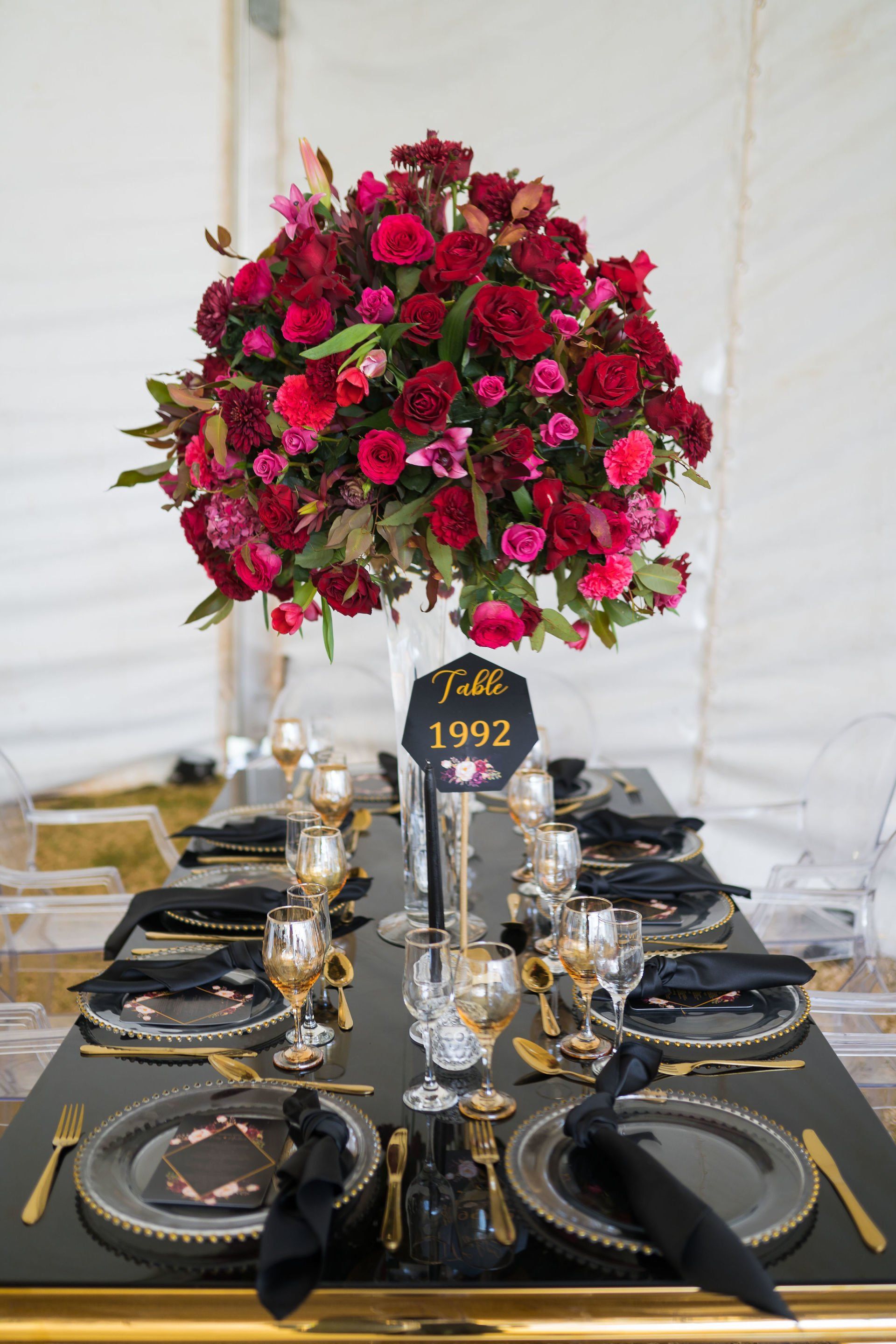 Black Red Gold Themed Dinner Party Decorations and Flowers