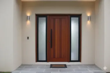 A modern wooden front door with vertical panels and a long black handle, flanked by two frosted glass side windows.