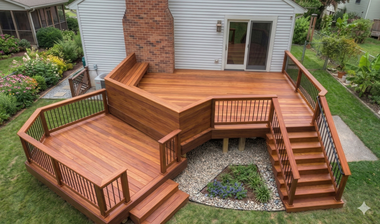 A multi-level stained wood deck with built-in seating, railings, and stairs in a backyard with a stone landscaping feature.