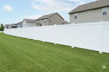 A long, white vinyl privacy fence stands in a grassy backyard, with residential houses visible in the background.
